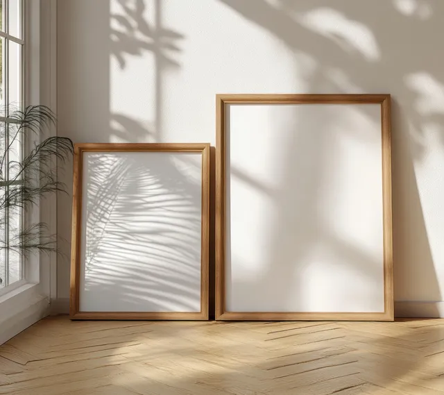 Two empty wooden picture frames rest on a light wooden floor in a sunlit minimalist Scandinavian room.