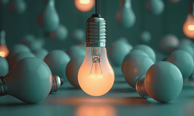 Glowing light bulb stands among dark bulbs on teal background, 3D concept spotlight