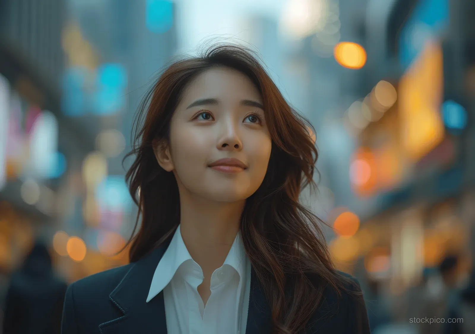 Young businesswoman in a blazer looks upward on a busy street with blurred city lights behind her.