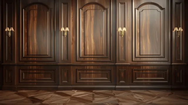Brown carved wood paneling wall with framed sections and glowing wall lamps above a tiled floor.
