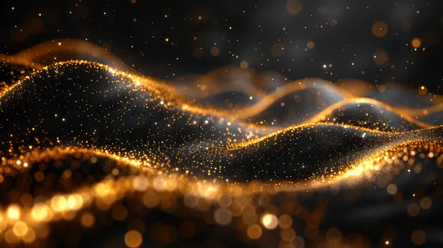 A dark background shows a glowing golden glitter wave with scattered bokeh dots and soft light trails.