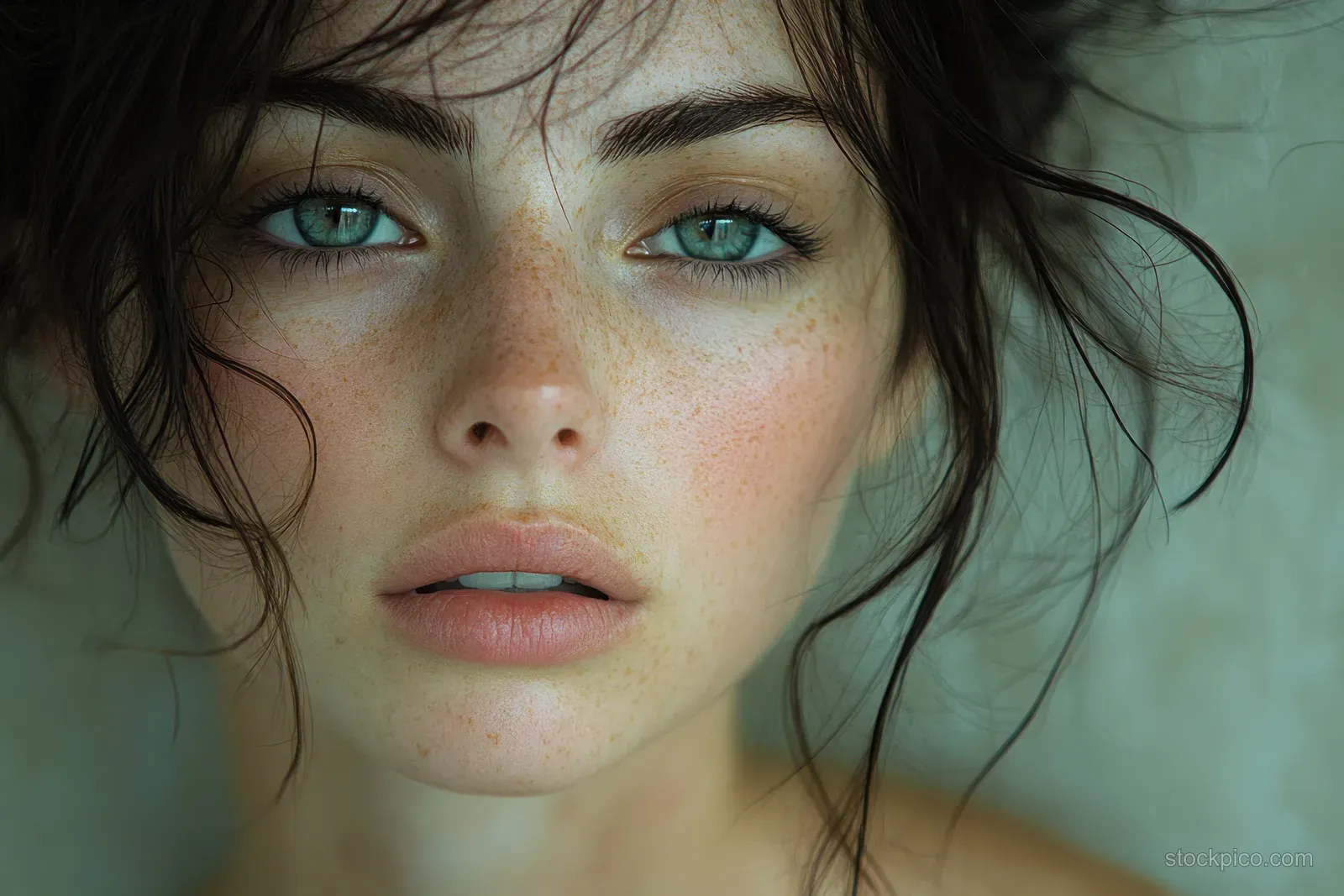 Closeup portrait of a happy young woman with a natural smile and expressive eyes in soft lighting against a minimal background.