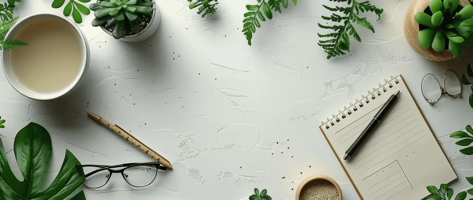 Top view of a desk with a notebook, glasses, pen, coffee cup, and green plants.