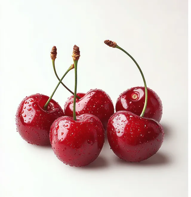 Red cherries on white studio background, glossy macro droplets and bright highlights