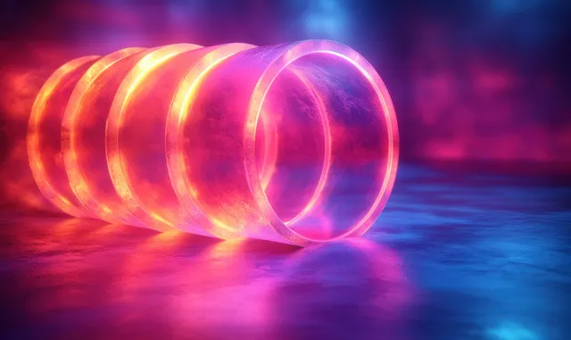 Futuristic neon rings glowing in a blue-purple gradient background with reflective floor