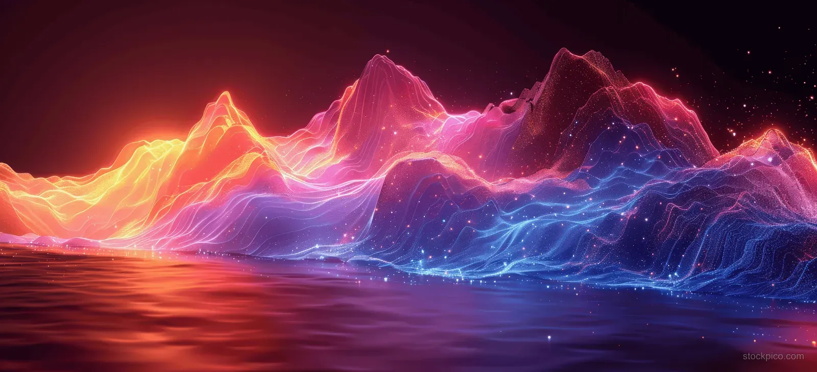 Glowing neon mountain peaks formed by flowing wave-like data visualization across a dark digital background.