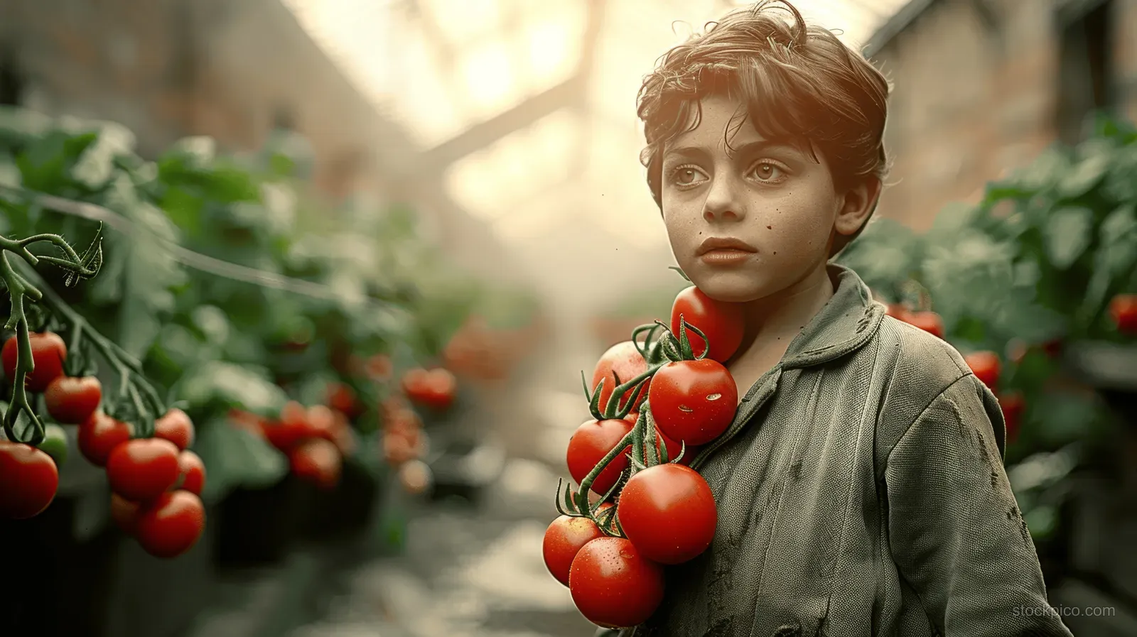 Young person holds red vine tomatoes in a greenhouse aisle lined with tomato plants.
