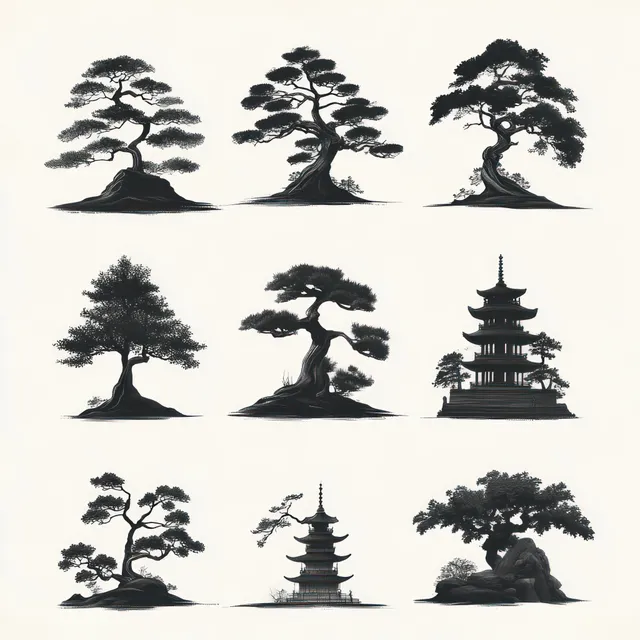 A grid of black ink bonsai trees and pagoda silhouettes arranged on a white background.