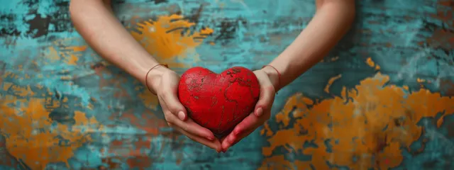 A woman holds a red heart-shaped globe in her hands against a world map background.