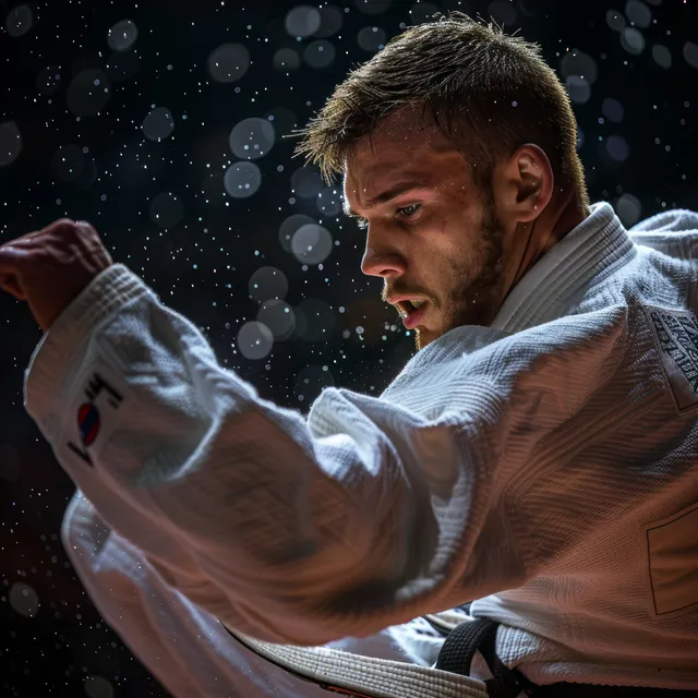 Russian judo fighter throws grip with intense focus in dramatic dim arena lighting