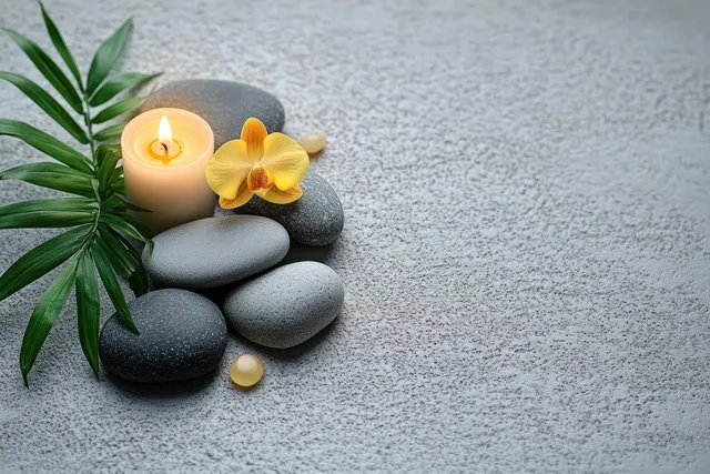 Zen spa still-life with lit candle, orchid petals, and gray stones on textured background