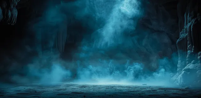 Dark blue foggy cave entrance with mist swirling toward a distant glowing light