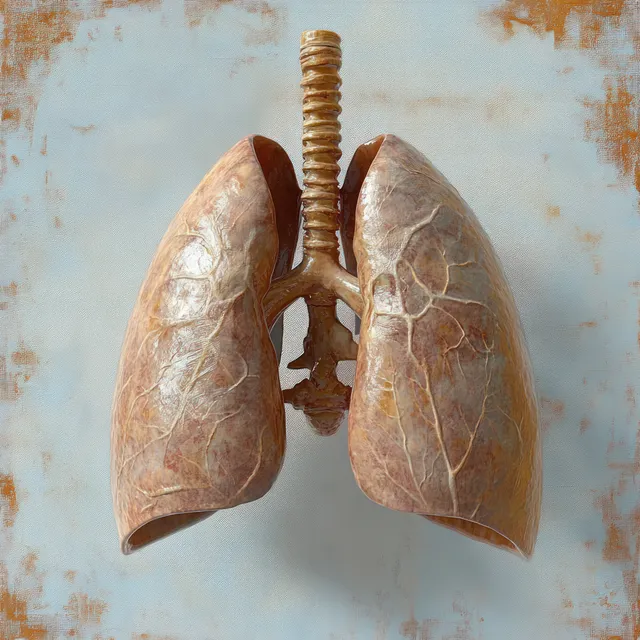 Detailed anatomical model of human lungs with visible trachea and bronchi on a pale blue textured background.