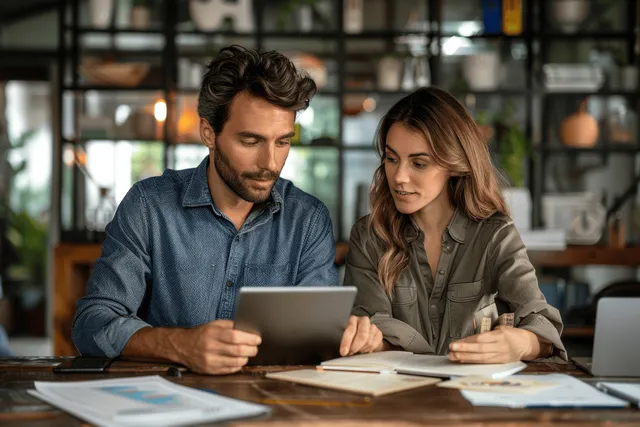 Two young coworkers discussing a project on a tablet at a modern office desk