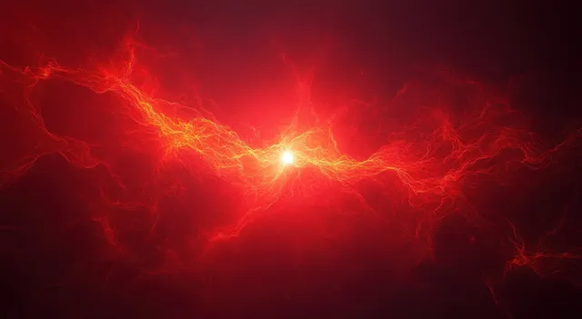 Jagged red lightning arcs radiate from a glowing white core over a dark crimson background.