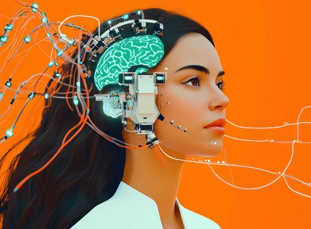 Side profile of a woman wearing glowing cybernetic brain implants with orange cables and electronics against a bright orange background.