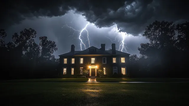 Two-story house lit from inside as lightning strikes behind dark storm clouds over a grassy yard and trees.