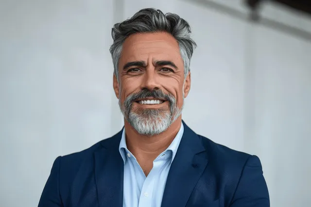 A gray-haired bearded businessman smiles in a blue suit for a close headshot against a light background.