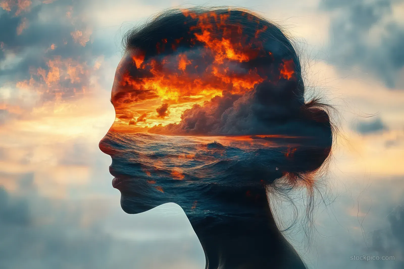 Silhouette of a woman’s profile layered over churning ocean waves and fiery sunset clouds.
