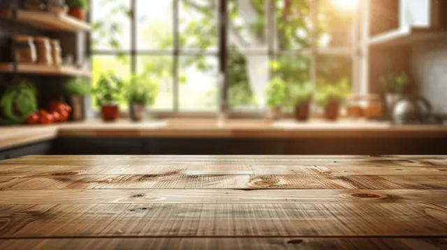 Wooden tabletop in softly blurred country kitchen near sunlight through large windows