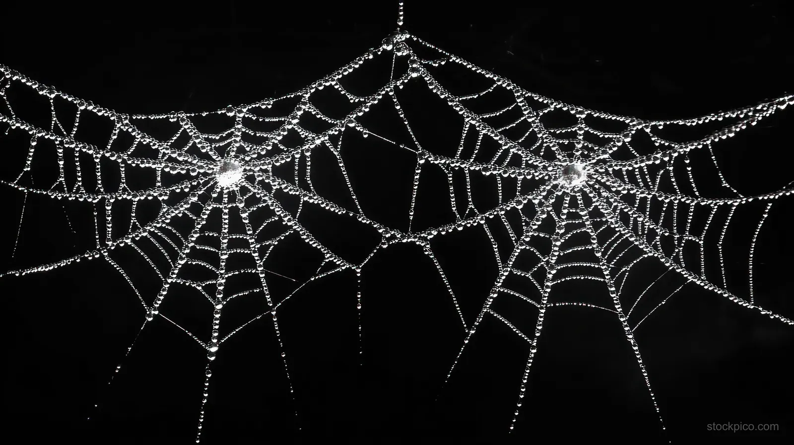 Dew-covered spider webs stretch across a dark background, with glistening droplets highlighting delicate symmetrical threads.