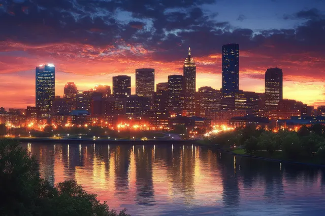 Omaha skyline at twilight with skyscrapers, glowing windows, and river reflections
