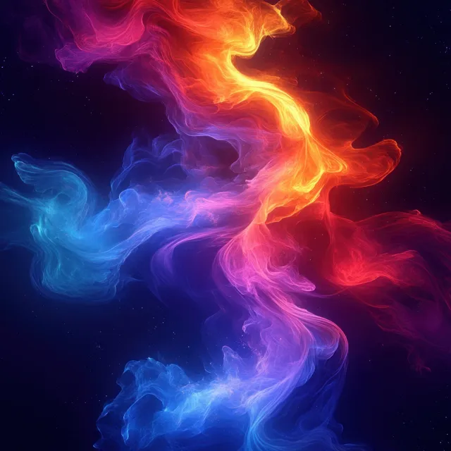 Swirling cosmic smoke nebula fills the dark space with glowing red, purple, blue, and orange light trails.