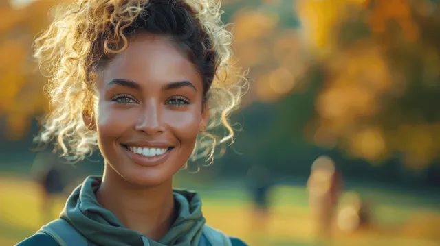 Smiling curly-blonde woman in green athletic hoodie in Central Park during golden hour with trees and warm light behind her.