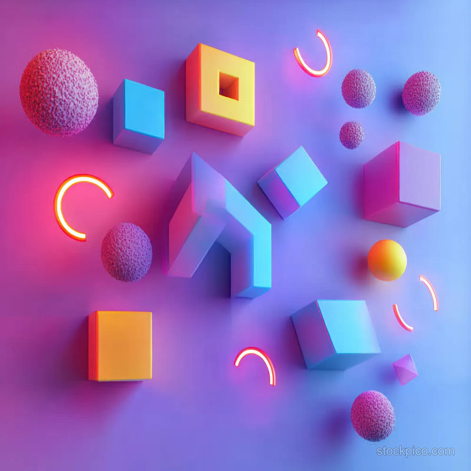 Colorful 3D cubes and spheres float on a purple gradient background with glowing neon ring shapes.