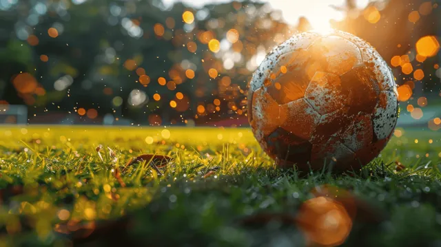 Soccer ball and kicking foot on green grass with a blurred stadium in warm bokeh light.