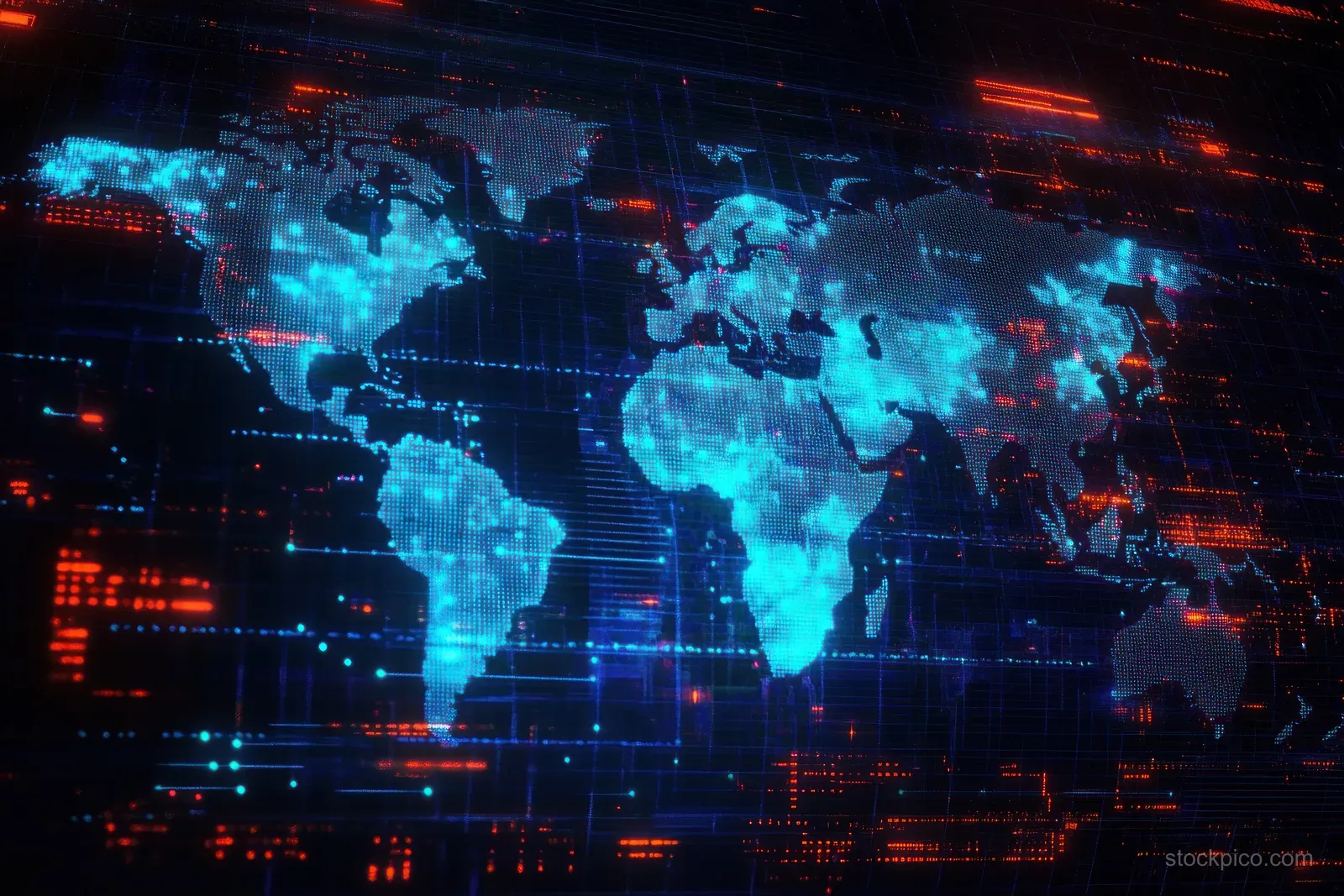 A digital world map of glowing blue dots with red and blue light streaks flowing across the continents.