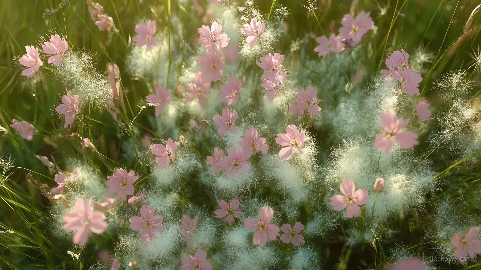 Pink wildflowers in Texas grass with airy white fluffy seed tufts scattered across the scene.