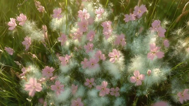 Pink wildflowers in Texas grass with airy white fluffy seed tufts scattered across the scene.