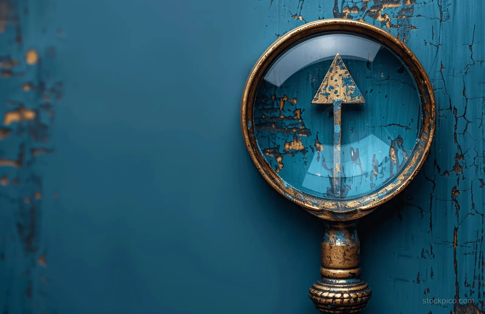 Magnifying glass highlights a target symbol and arrow shape against a textured blue background.