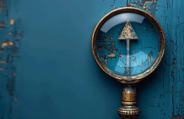 Magnifying glass frames a target symbol on blue background for business strategy focus