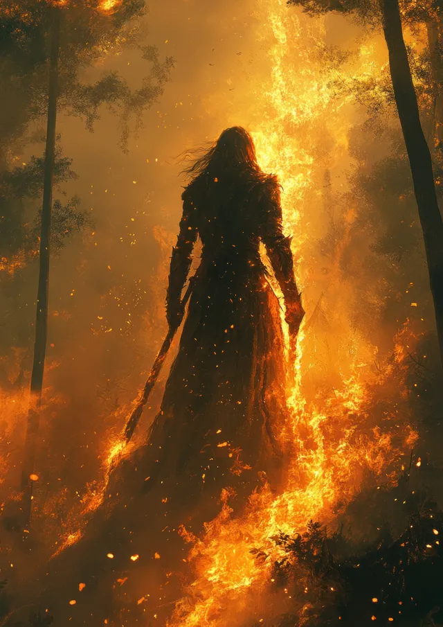 Viking warrior woman silhouetted in a burning forest at dusk