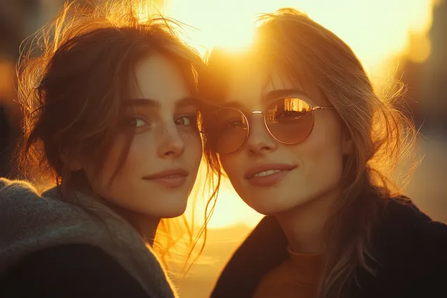 Two friends laughing while skateboarding in a sunny city street under warm golden light.
