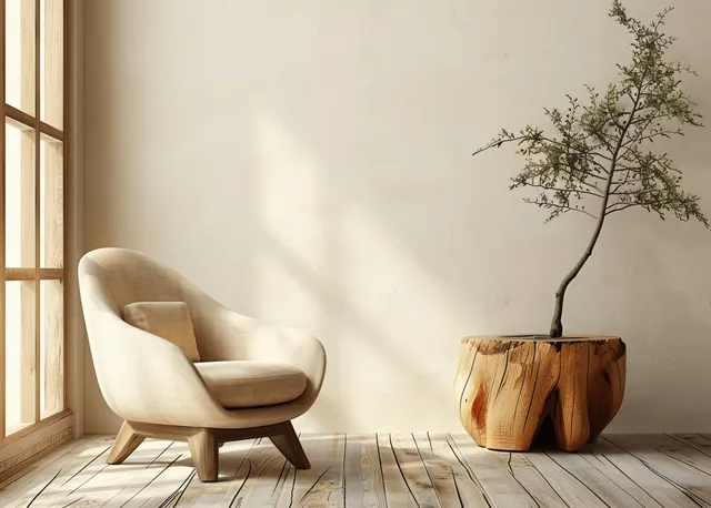 Beige armchair and stump side table with a small potted plant in a bright minimalist living room by a window.