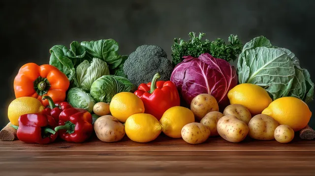Colorful vegetable and lemon still life on rustic wooden table against dark backdrop