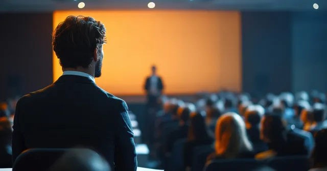Back view of a tech conference speaker addressing a seated audience with blurred stage lights.