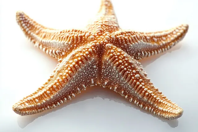 Orange and white starfish with rough bumpy texture lying on a smooth reflective white background.