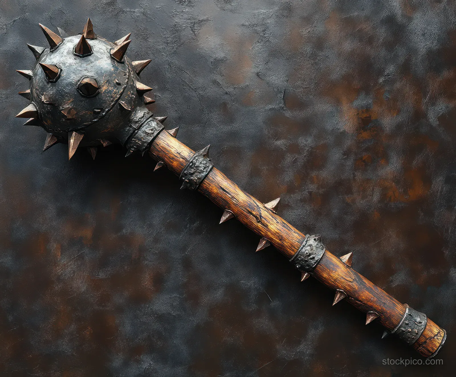 A spiked wooden medieval mace with iron bands lies diagonally on a dark textured surface.