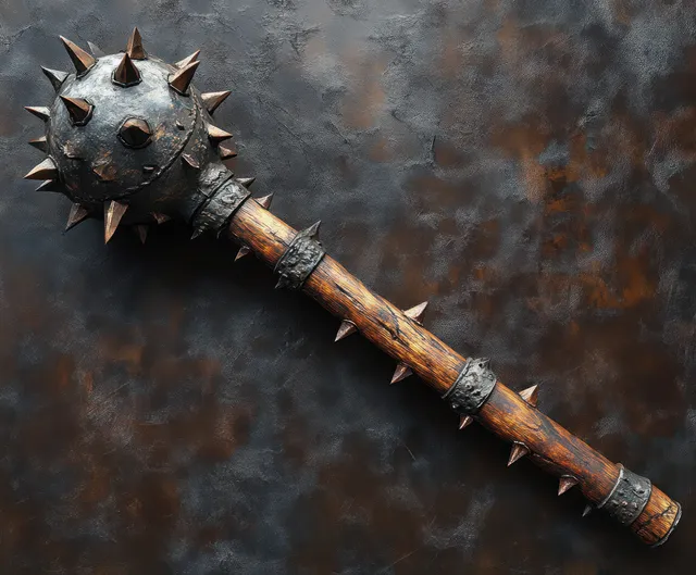 A spiked wooden medieval mace with iron bands lies diagonally on a dark textured surface.