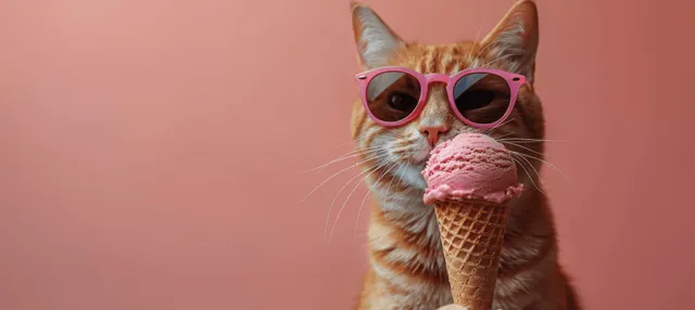 Ginger cat wearing pink sunglasses licking an ice cream cone against a peach background.