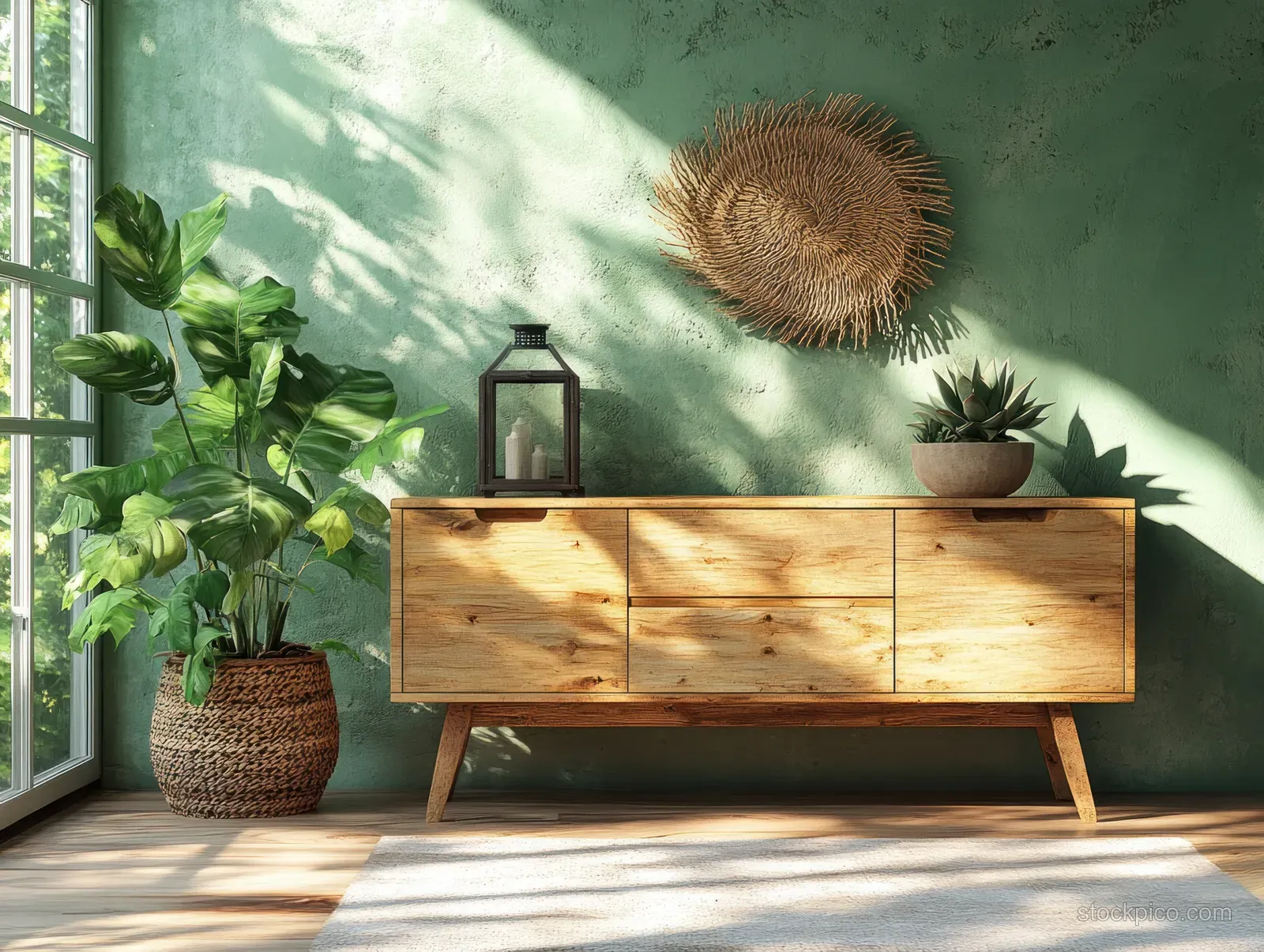 Light wood Scandinavian cabinet with drawers and a woven lantern on a sunlit minimalist living room floor beside potted plants.
