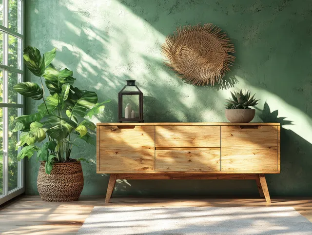 Light wood Scandinavian cabinet with drawers and a woven lantern on a sunlit minimalist living room floor beside potted plants.