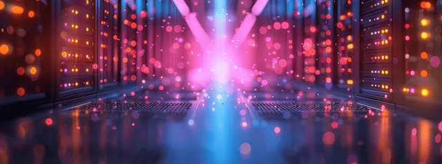 Futuristic data center server racks with glowing LEDs and AI-style light beams at work
