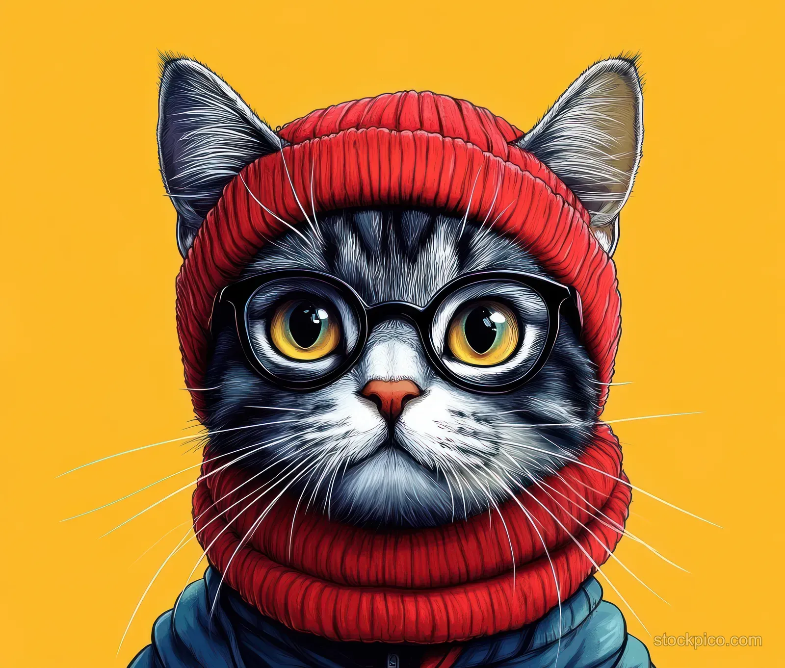 Grey cartoon cat wearing a red beanie and glasses smiles against a bright yellow background.