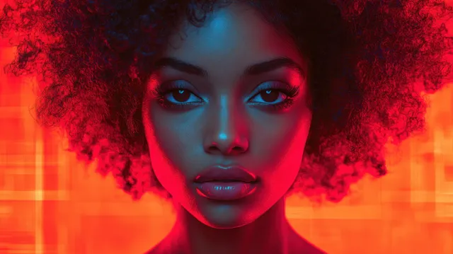 Afro hairstyle fashion portrait with pink pop-art lighting and geometric orange background