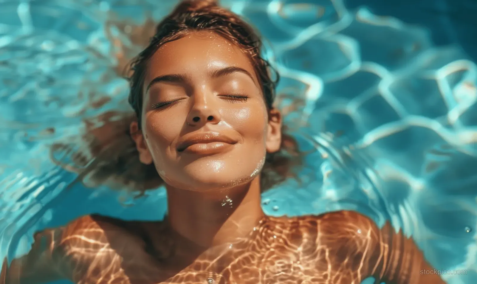 Smiling woman floats underwater in a sunlit pool with bubbles rising around her face.